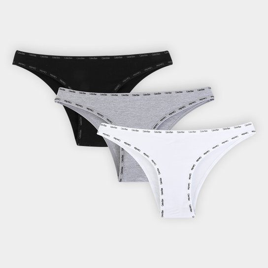 Kit de Calcinhas Calvin Klein Tanga Básica 3 Peças - Branco+Preto