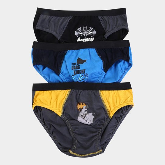 Kit de Cuecas Infantil Lupo Slip Estampa Batman 3 Peças - Azul+Cinza