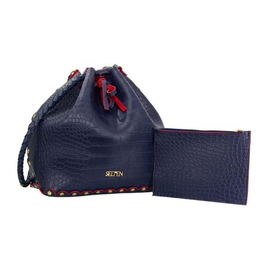 Kit Selten Bolsa Saco Alça Transversal Textura Croco + Necessaire Feminina - Azul