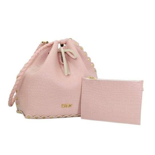 Kit Selten Bolsa Saco Alça Transversal Textura Croco + Necessaire Feminina - Rosa