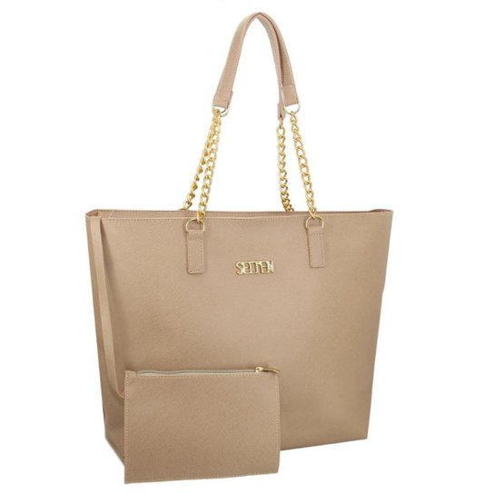 Kit Selten Bolsa Shopper Ombro Grande + Necessaire Dia a Dia Feminina - Nude
