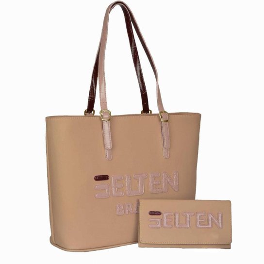 Kit Selten Bolsa Shopper Ombro Zíper Alça Ajustável + Carteira Feminina - Nude