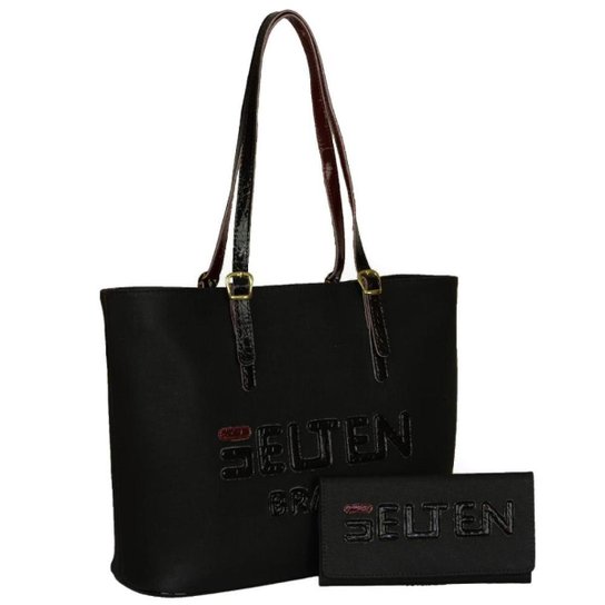 Kit Selten Bolsa Shopper Ombro Zíper Alça Ajustável + Carteira Feminina - Preto