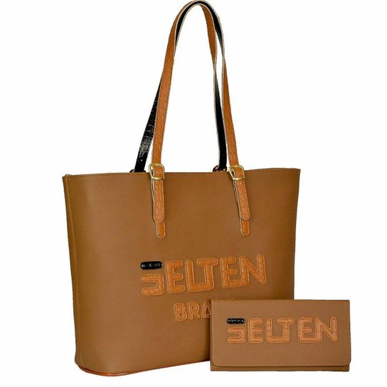 Kit Selten Bolsa Shopper Ombro Zíper Alça Ajustável + Carteira Feminina - Caramelo