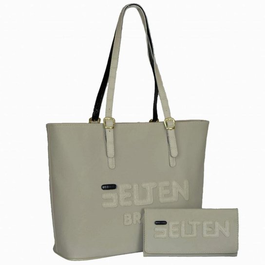 Kit Selten Bolsa Shopper Ombro Zíper Alça Ajustável + Carteira Feminina - Creme