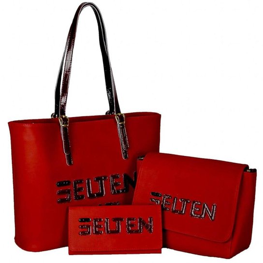 Kit Selten Bolsa Shopper Ombro Zíper + Bolsa Lateral + Carteira Feminina - Vermelho