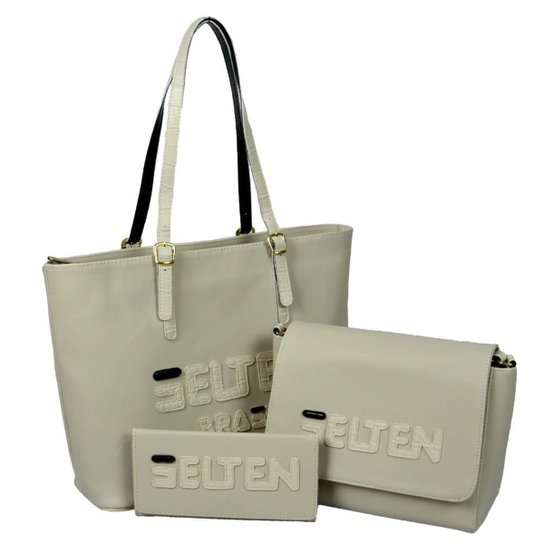 Kit Selten Bolsa Shopper Ombro Zíper + Bolsa Lateral + Carteira Feminina - Creme