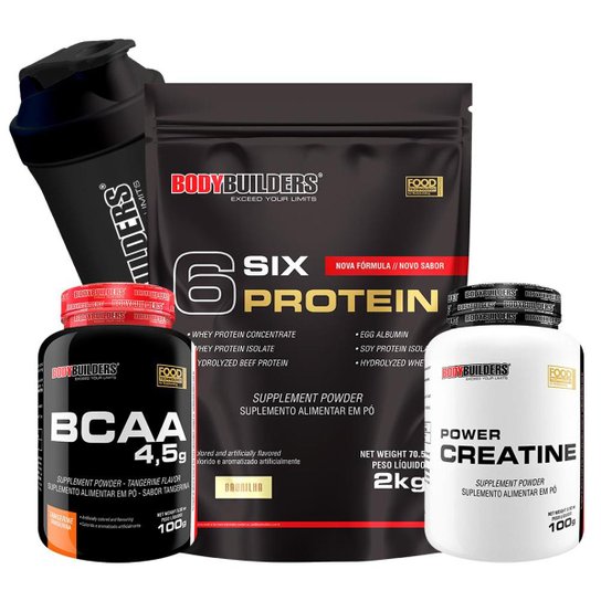 Kit Six Protein 2kg + BCAA 1800 120 caps +Creatine 100g + Coqueteleira Bodybuilders -