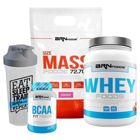 Kit Size Mass Foods 72.700 3 Kg + Whey Foods 900 G + BCAA Foods 2400 100 Cáps + Coqueteleira -
