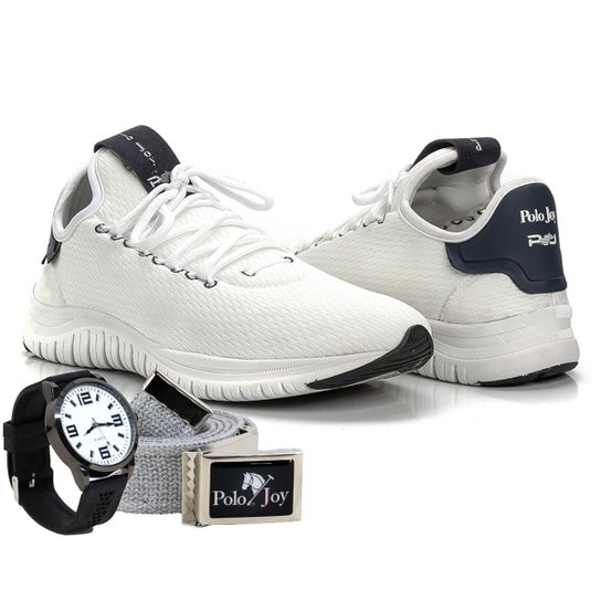 Kit Tênis Polo Joy Sport Com Relogio E Cinto Masculino - Branco