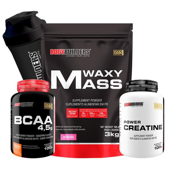 Kit Waxy Mass 3kg + BCAA 1800 120 caps + Creatine 100g + Coqueteleira Bodybuilders -