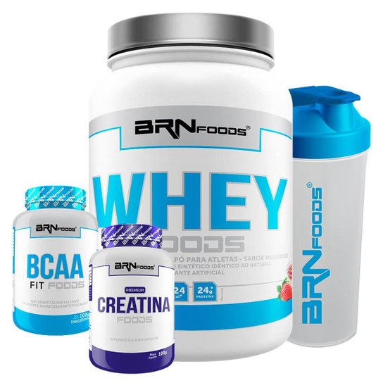 Kit Whey Foods 900 G + BCAA Foods 2400 100 Cáps + Creatina Foods 100 G + Coqueteleira - Brn Foods -