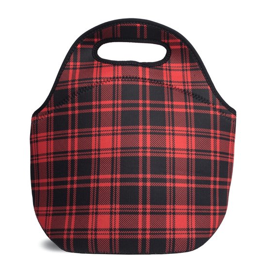 Lancheira Térmica Tritengo em Neoprene - Tartan Preto e Vermelho - Vermelho+Preto