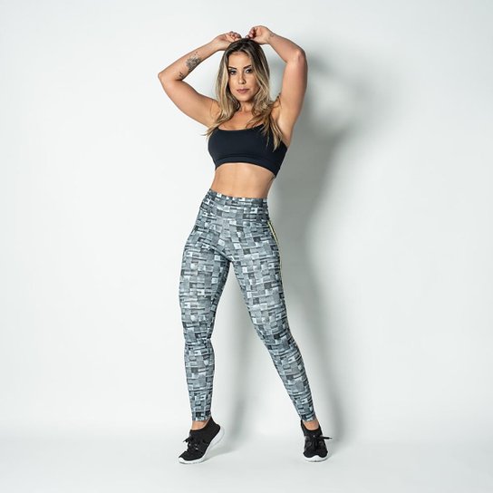 Legging Honey Be Fitness Sublimada Squares Lines Feminina - Preto+Azul claro