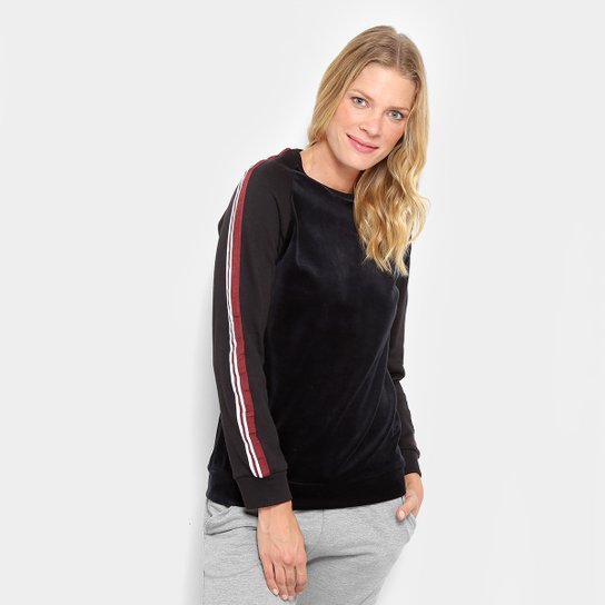Moletom Burn Detalhe Listrado Lateral Plush Feminino - Preto