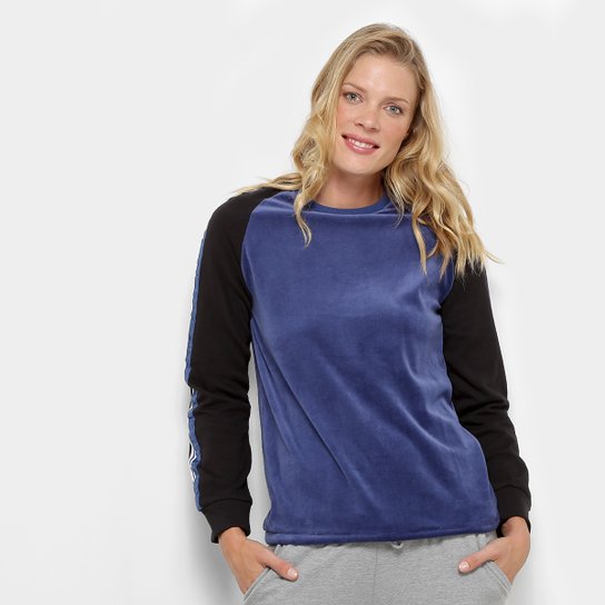 Moletom Burn Detalhe Listrado Lateral Plush Feminino - Marinho