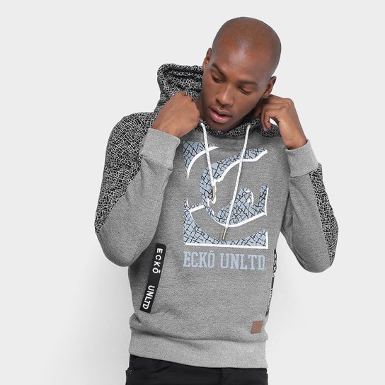 Moletom Ecko Estampado Capuz Bolso Canguru Masculino - Cinza