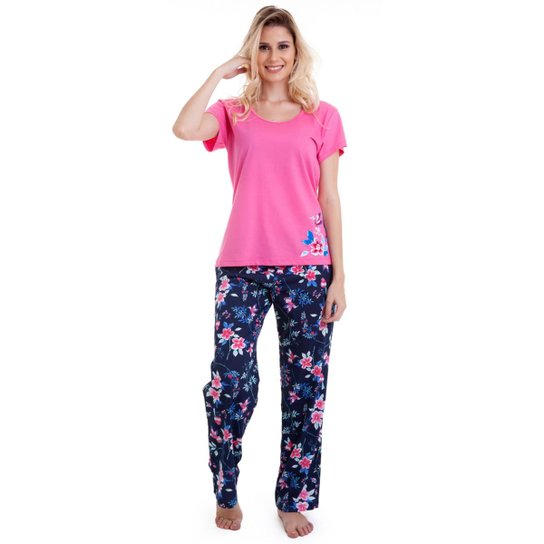 Pijama Longo Manga Curta Luna Cuore Feminino - Rosa