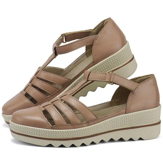 Sandália Plataforma em Couro SapatoFran com Velcro Feminina - Rosa