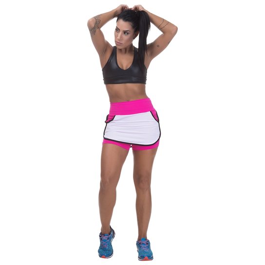 Short-Saia Miss Blessed Com Tela - Branco+Rosa