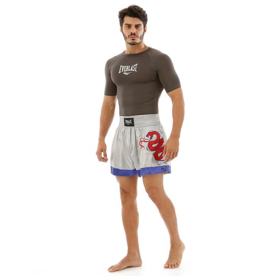 Shorts De Muay Thai Bordados Laterais - Prata+Azul