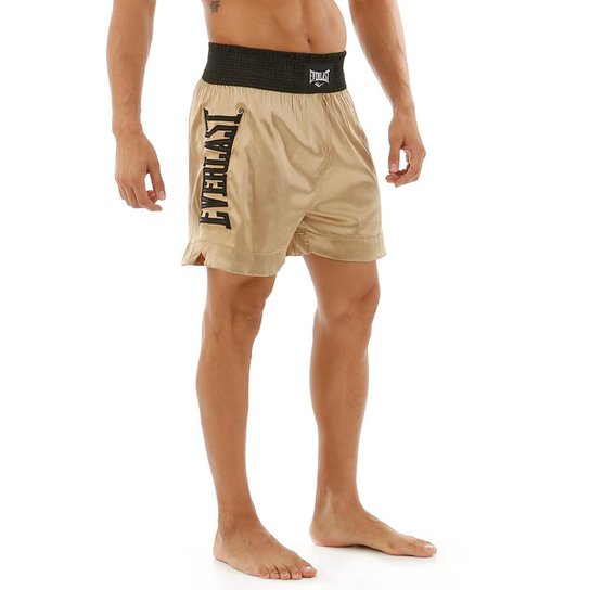 Shorts De Muay Thai Com Bordado Lateral - Dourado+Preto