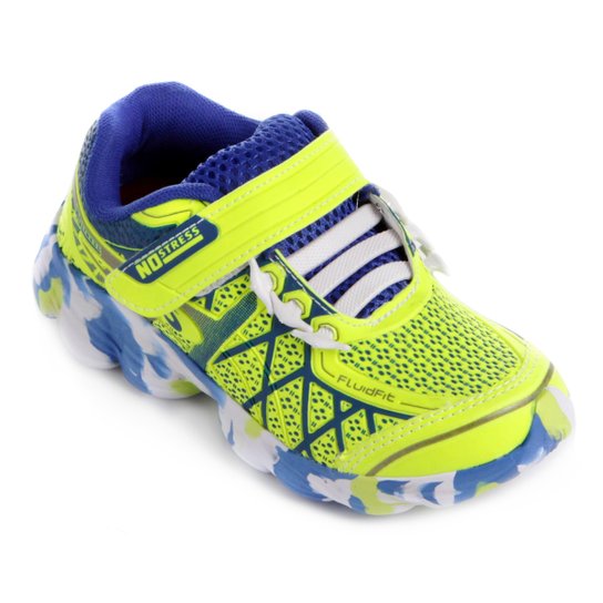 Tênis Infantil No Stress Running Velcro - Verde Limão+Azul Royal