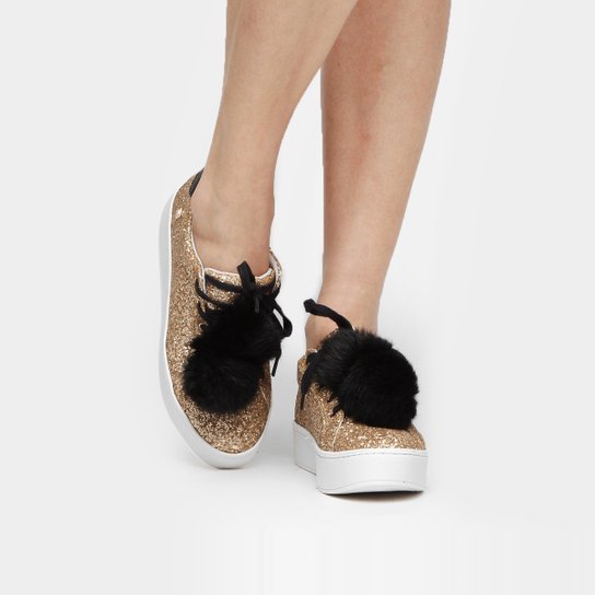 Tênis Loucos & Santos Flatform Pompom Glitter - Dourado
