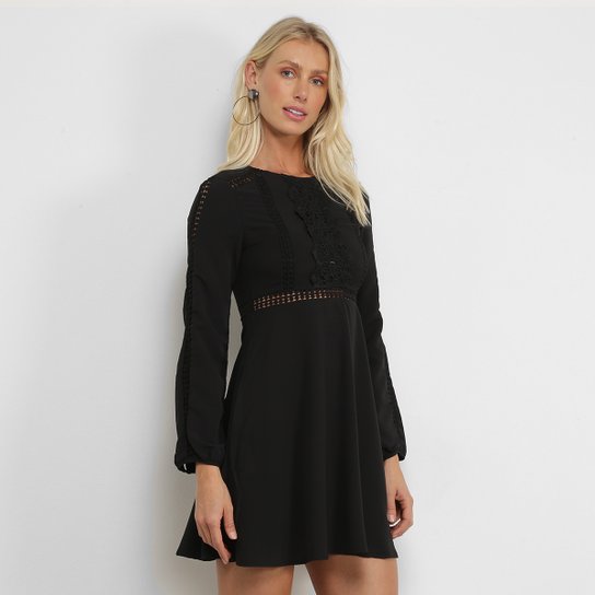 Vestido Angel City Evasê Guipir Manga Longa - Preto