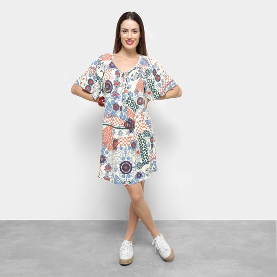 Vestido Cantão Bata Floral - Bege+Azul