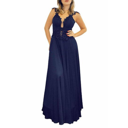 Vestido de Festa Sob Longo com Tule Bordado Feminino - Azul Escuro