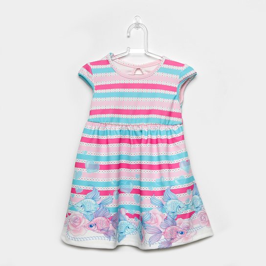 Vestido Infantil Cativa Curto Evasê Listrado Floral - Rosa Claro