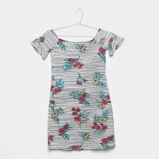 Vestido Infantil Cativa Curto Reto Estampa Floral Listrada - Off White