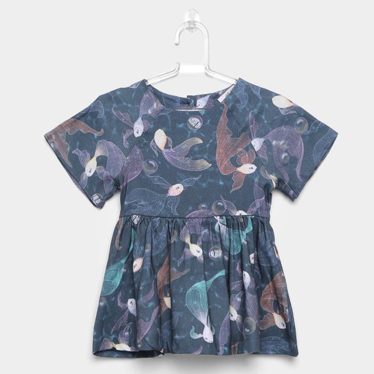 Vestido Infantil Up Baby Tecido Plano - Azul Petróleo