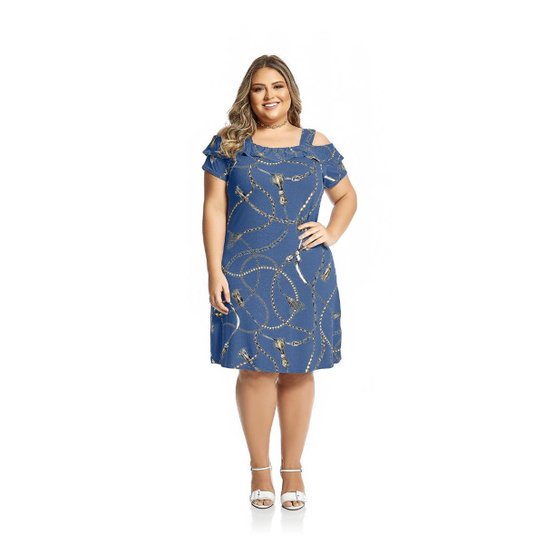 Vestido Rovitex Viscotorcion Plus Feminina - Azul