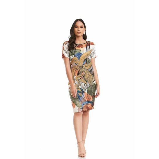 Vestido YouTwo Manga 3/4 Feminina - Bege+Verde