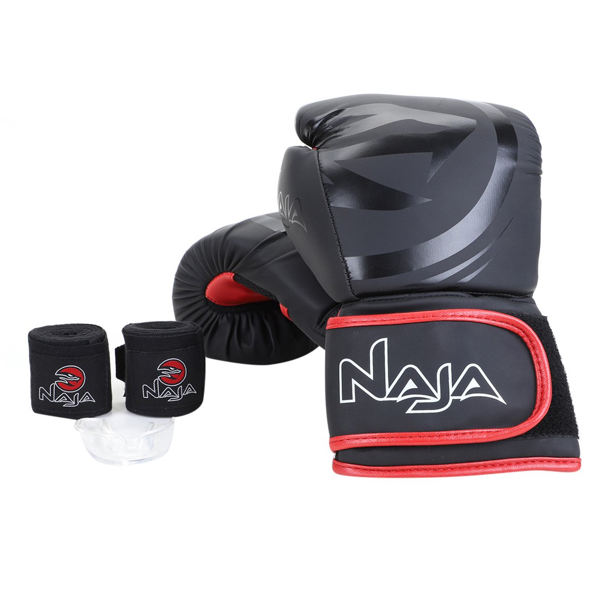 Kit Luva de Boxe/ Muay Thai Naja Black 10 oz + Bandagem + Protetor Bucal + Bag