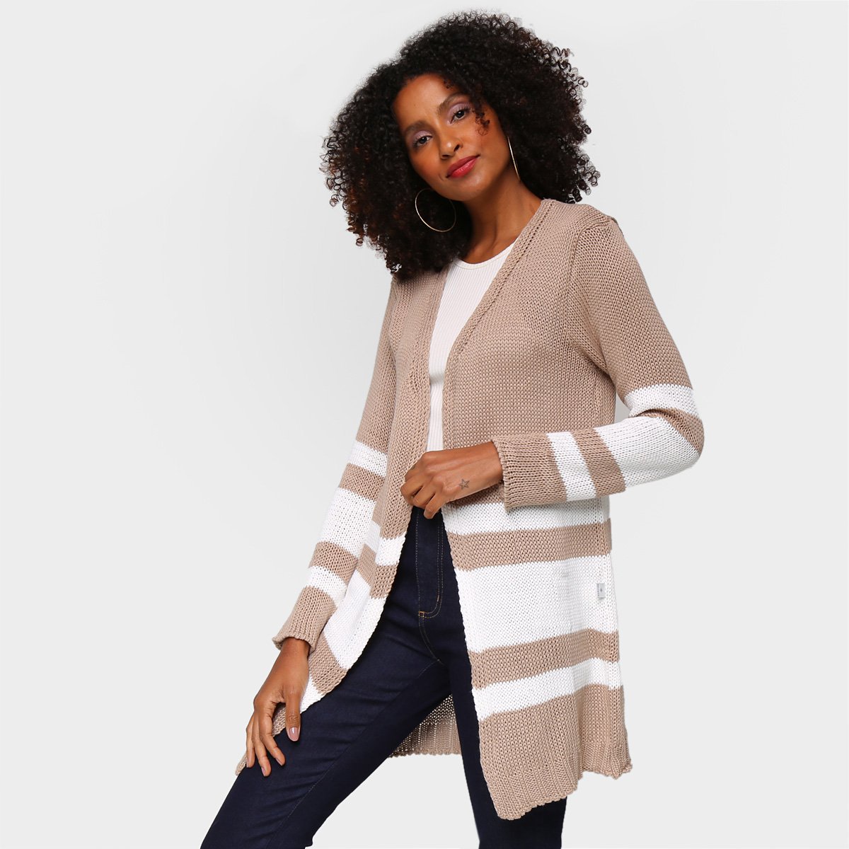 Cardigan Tricot Mercatto Bicolor Longo Feminino