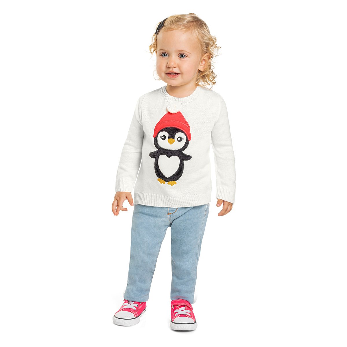 Casaco Infantil Kyly Tricot Bordado Pinguim Touca Pompom Menina - Tam: 6A - 1
