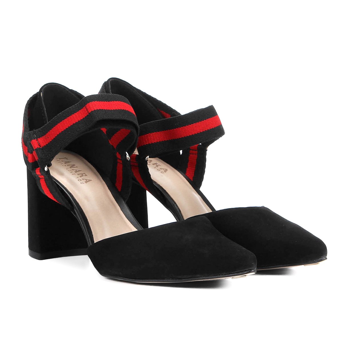 Scarpin Tanara Salto Grosso Bico Fino Gorgurão Velcro