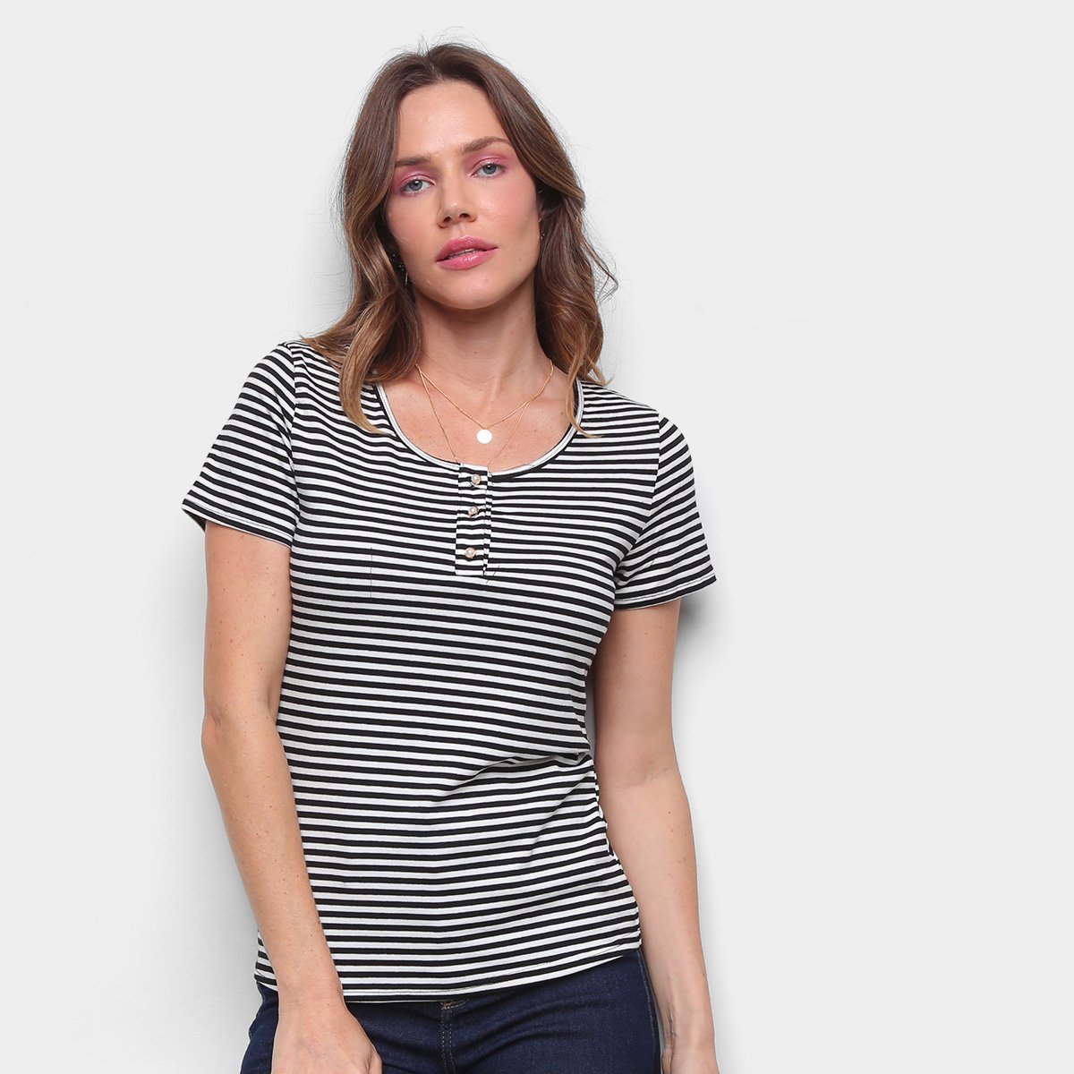 Blusa Top Moda Listrada Botões Feminina