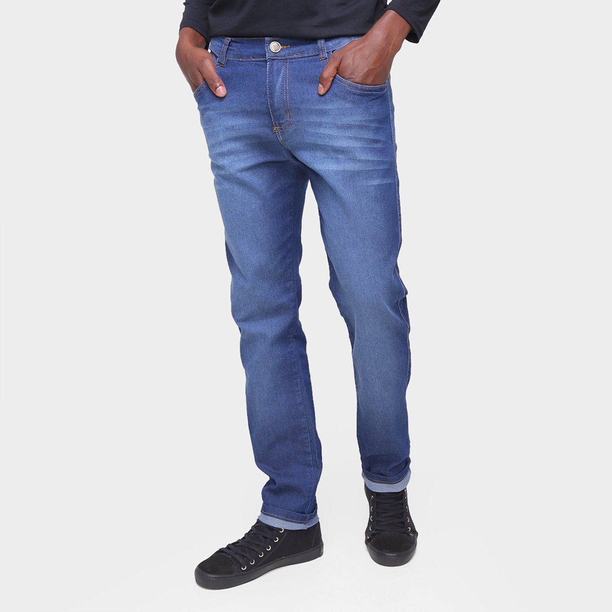 Calça Jeans Skinny Básica Estonada Cintura Média Masculina