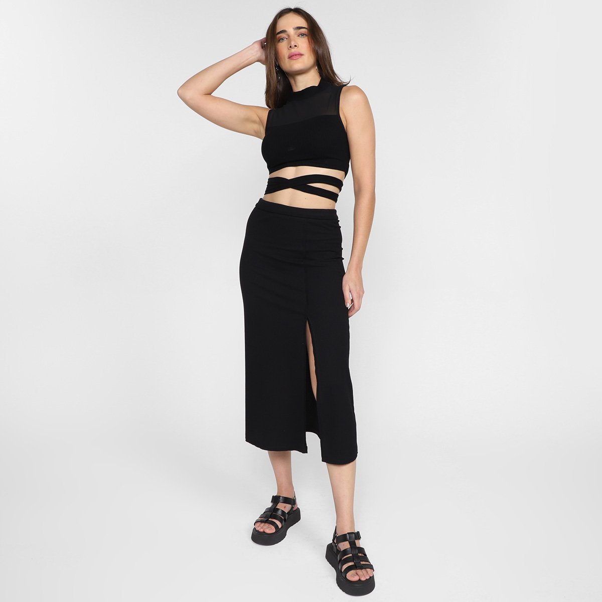 Saia Midi All's Evasê Recorte Lateral Canelada - Tam: M - 1