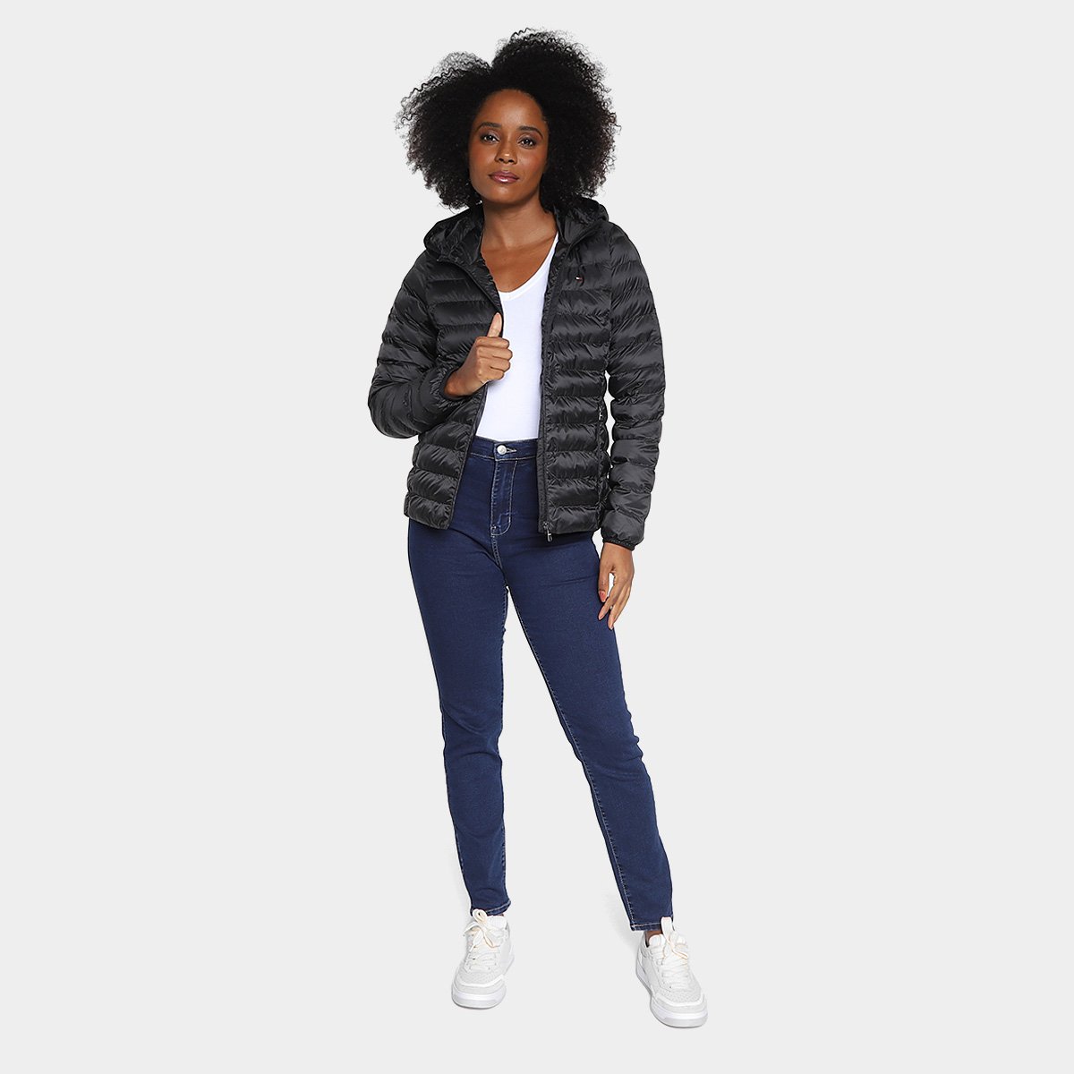 Jaqueta Puffer Tommy Hilfiger Padded Global Stripe Com Capuz Feminina - Tam: P - 4