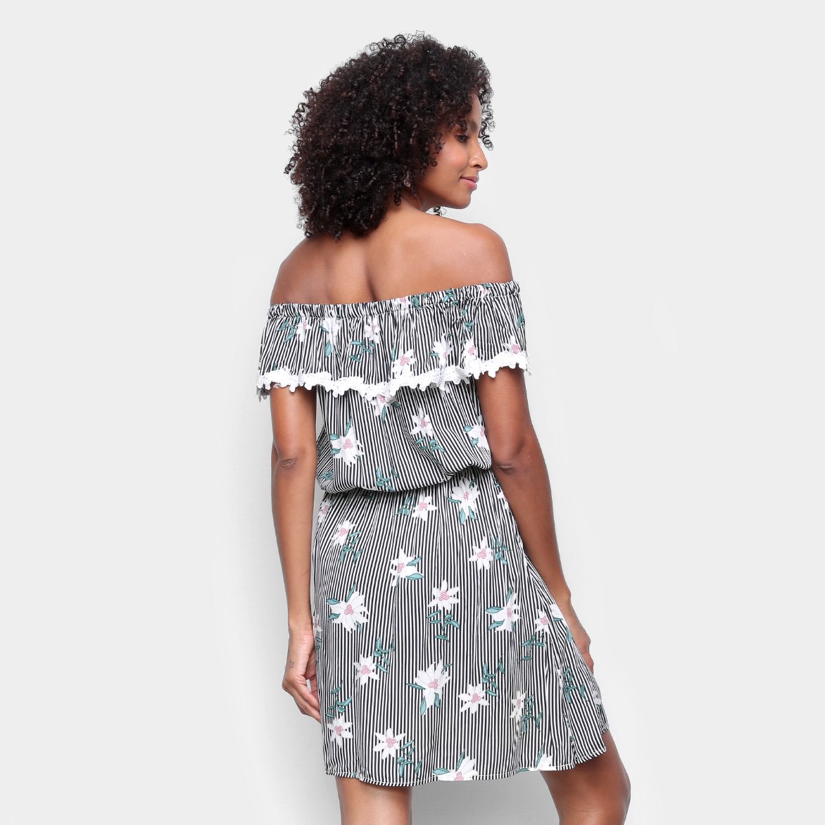 Vestidos ML Ombro A Ombro Listrado Floral - Tam: M - 1