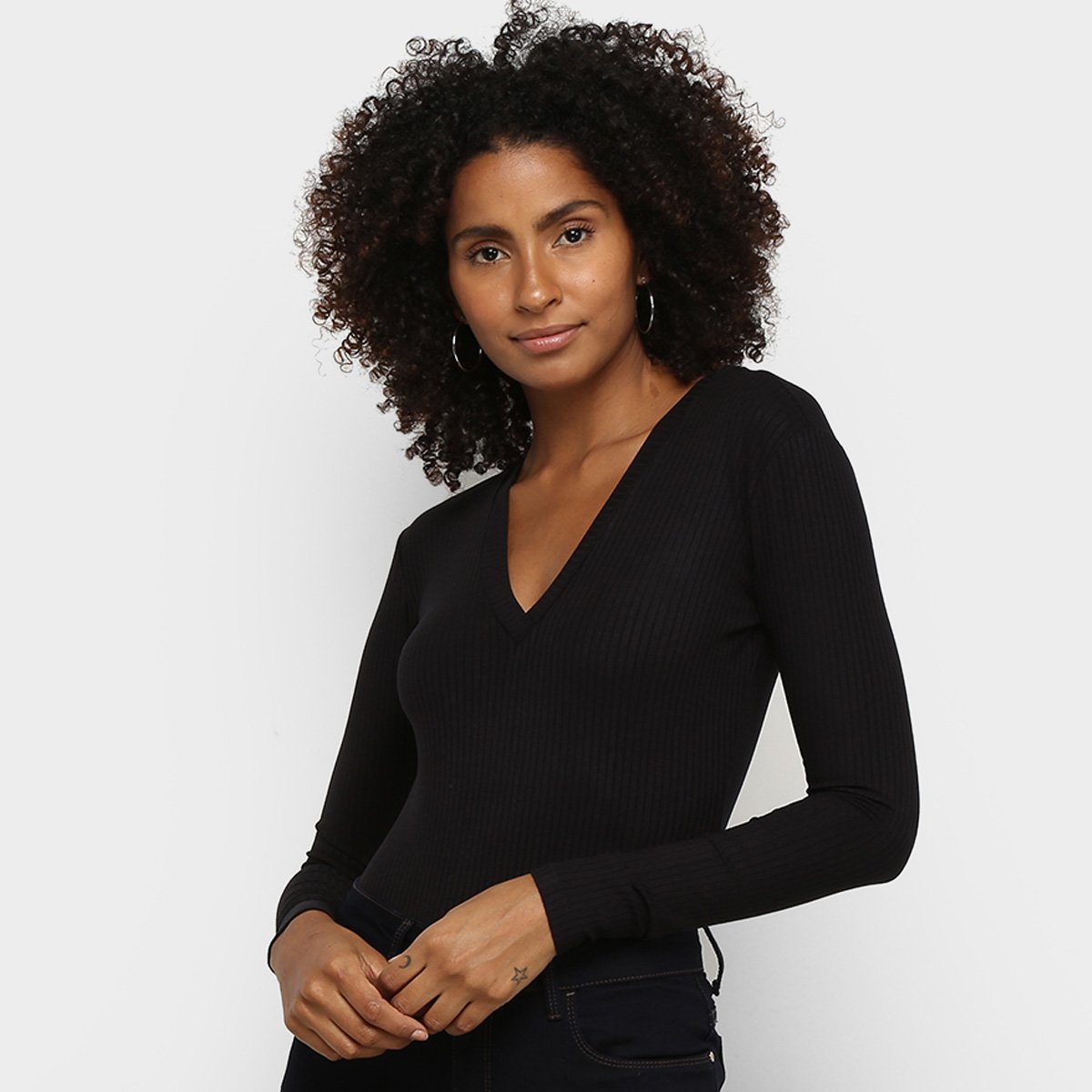 Body Acostamento Decote V Manga Longa Feminino