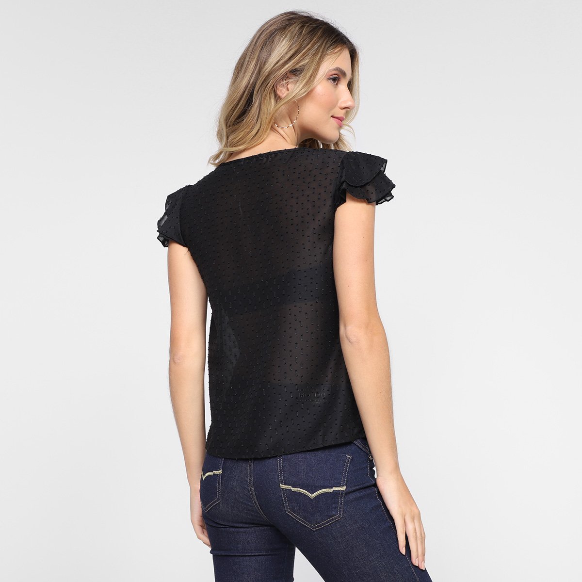 Blusa Dom Fashion Decote V Manga Curta Babado Feminina - Tam: P - 1