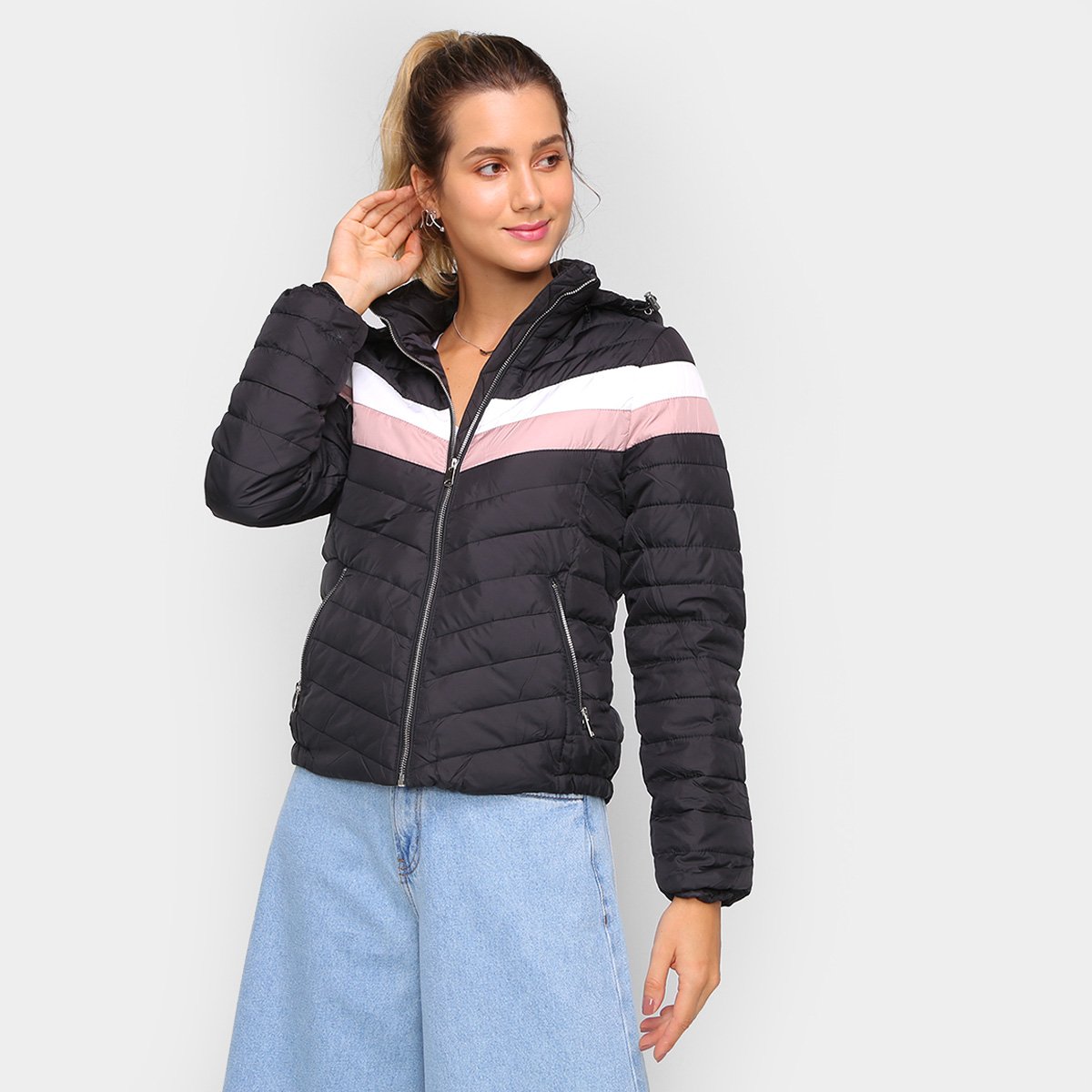 Jaqueta Puffer SeV Nylon Diagonal Capuz Feminina