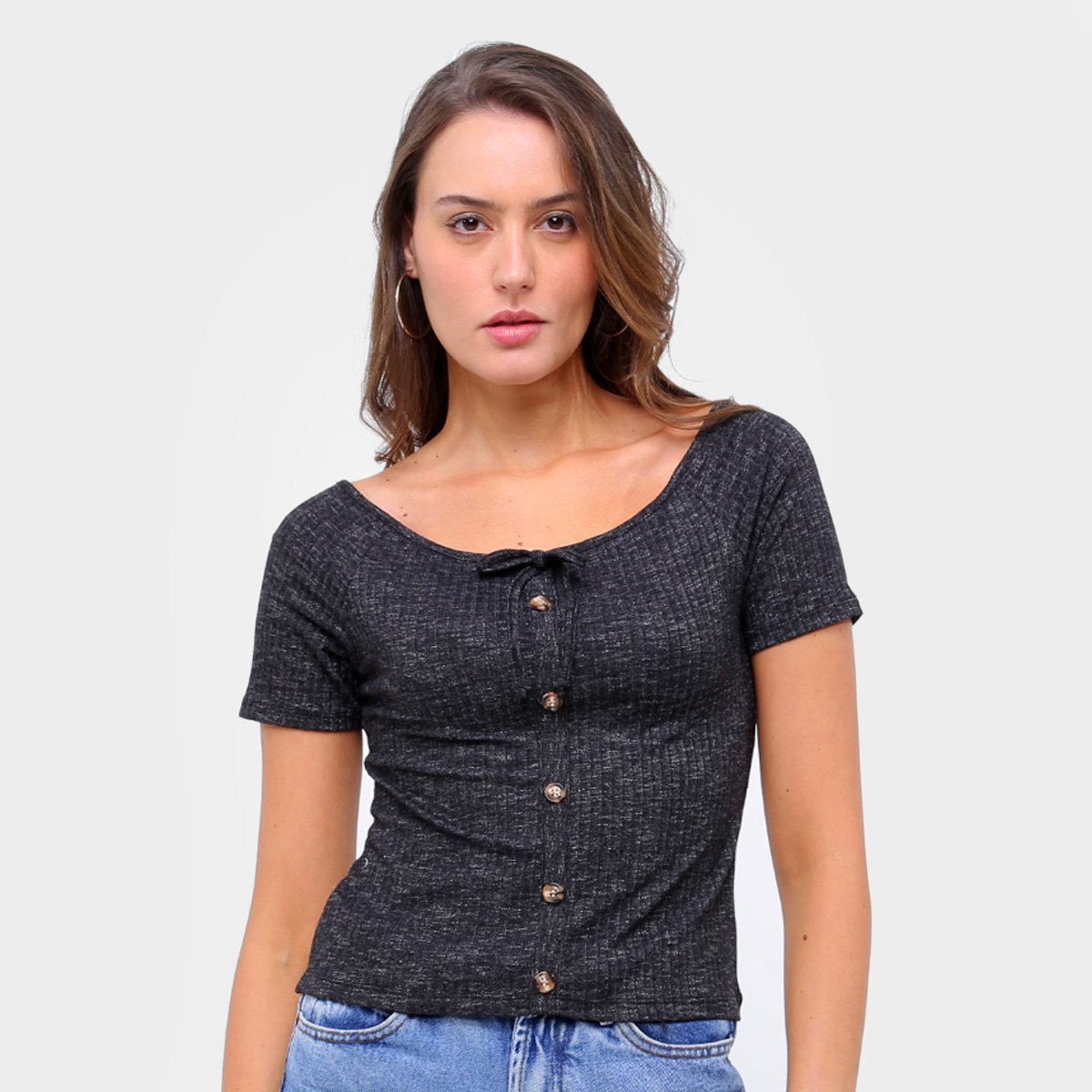 Blusa Lecimar Botões Canelada Manga Curta Feminina