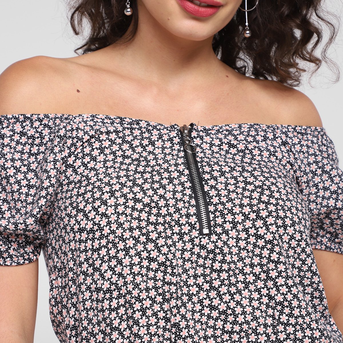 Blusa Lecimar Ombro a Ombro Zíper Floral - Tam: P - 2